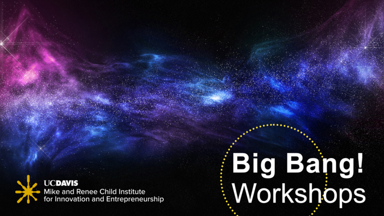 Photograph of space with text: Big Bang! Workshops and a logo