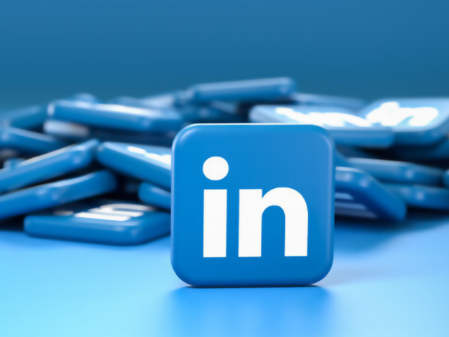 a pile of LinkedIn logo tiles against a blue background